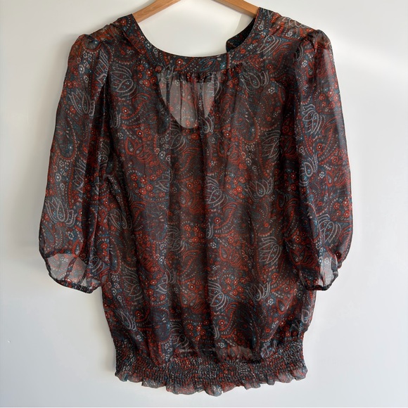Pleione 100% Silk Paisley Smocked Waist Blouse Large Nordstrom Boho Peplum Top - Picture 11 of 13